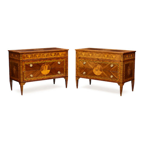 A PAIR OF ITALIAN MARQUETRY INLAID WALNUT COMMODESLate 18th century