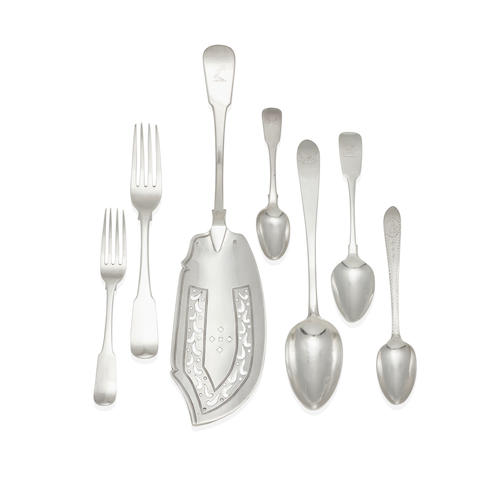 A GROUP OF IRISH GEORGIAN SILVER FLATWARE PIECES marked JS, Dublin, late 18th-19th centuries
