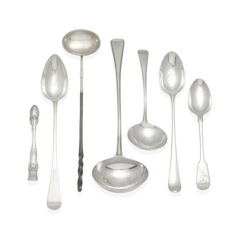 THIRTEEN GEORGIAN SILVER SERVING PIECES by various makers, London, 1738-1828