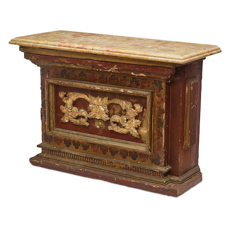 AN ITALIAN BAROQUE STYLE MARBLE TOP PAINTED CONSOLE