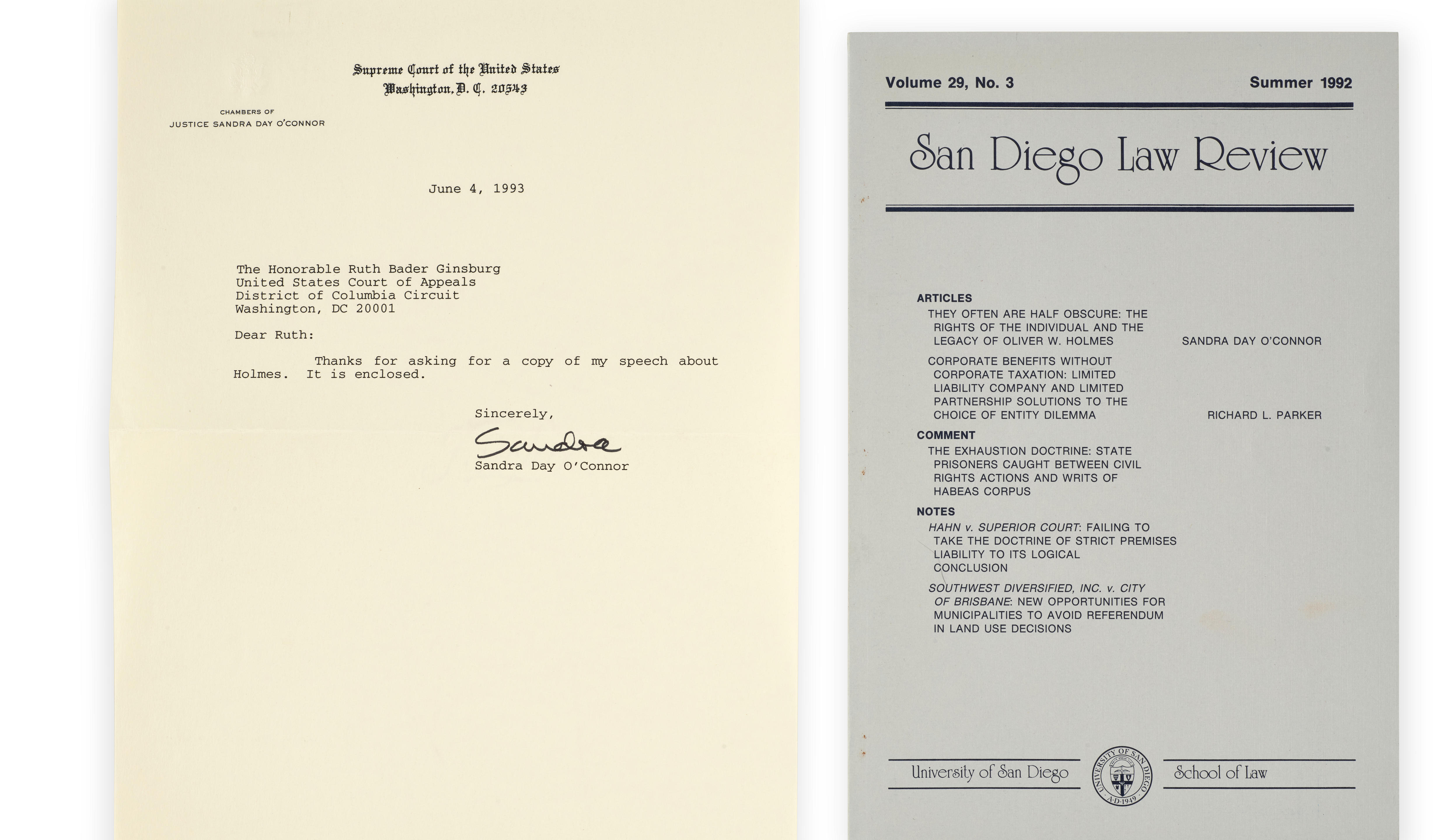 SANDRA DAY O'CONNOR PRESENTATION COPY TO RUTH BADER GINSBURG. "They Often Are Half Obscure: The Rights of the Individual and the Legacy of Olive Wendell Holmes." Offprint from San Diego Law Review, Vol 29:3 (1992).