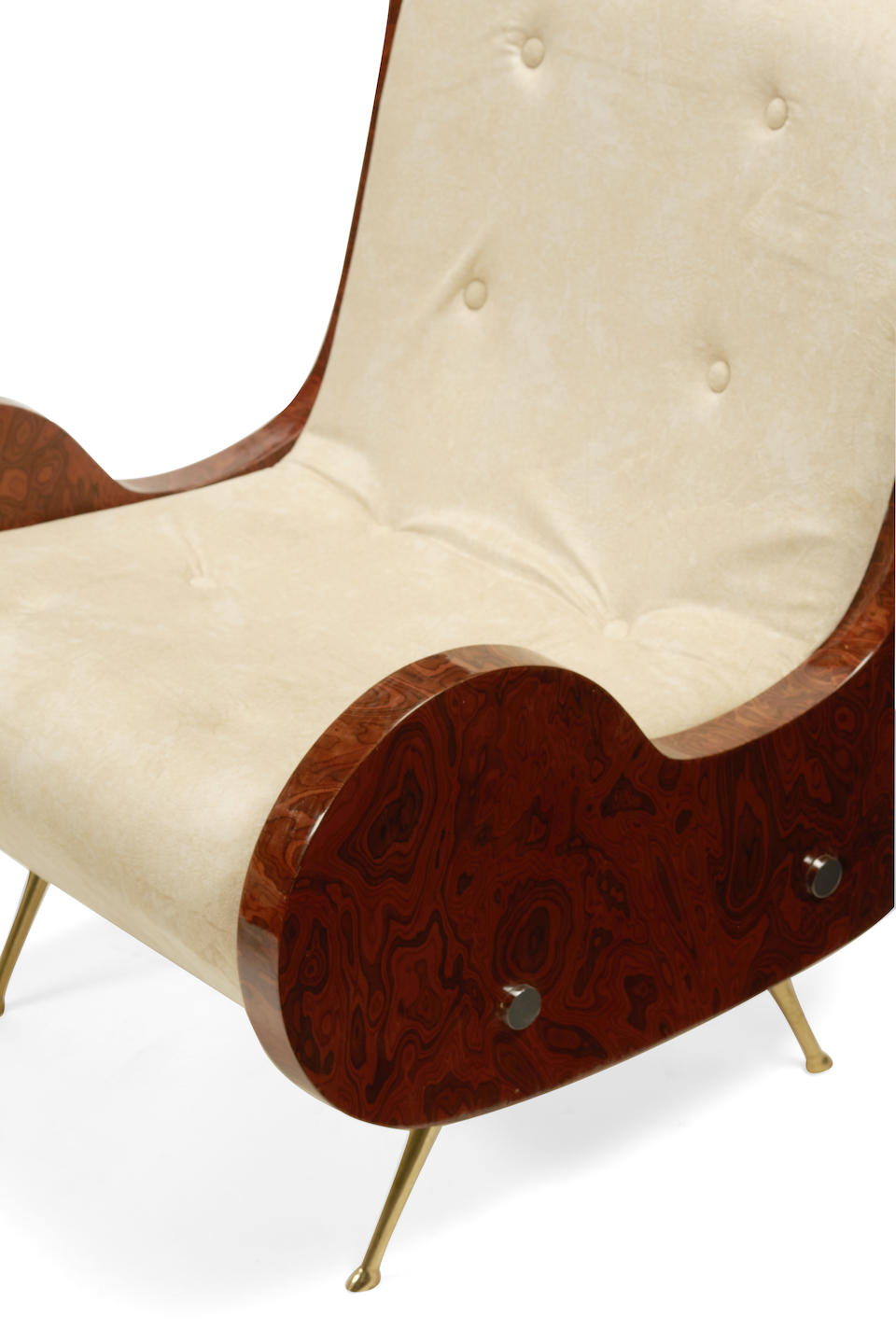 A PAIR OF ITALIAN MID-CENTURY STYLE BURLWOOD AND BRASS LOUNGE CHAIRS