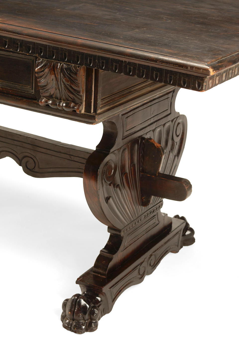 A CONTINENTAL BAROQUE STYLE OAK TWO-DRAWER TABLELate 19th century