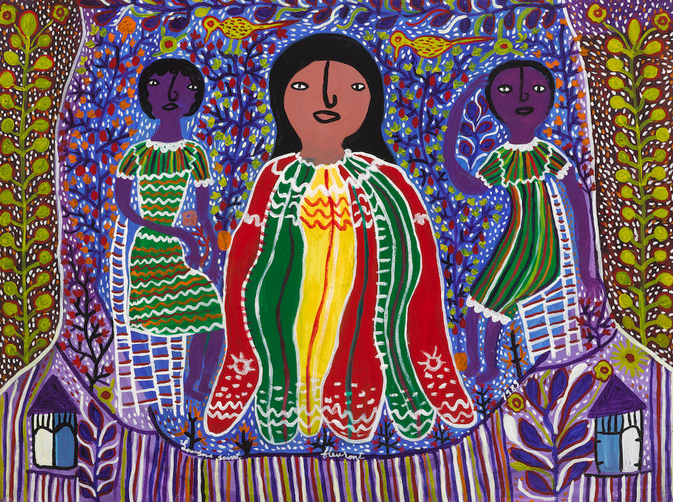 Louisiane (Louisane) Saint Fleurant (Haitian, 1924-2005) Four Works: Three Female Figural Groups and Untitled 47 1/2 x 42 1/2in; 30 x 40in; 24 x 24in; Untitled 24 x 32in, respectively.  (Painted in 1985, 1988, and 1989, respectively.)