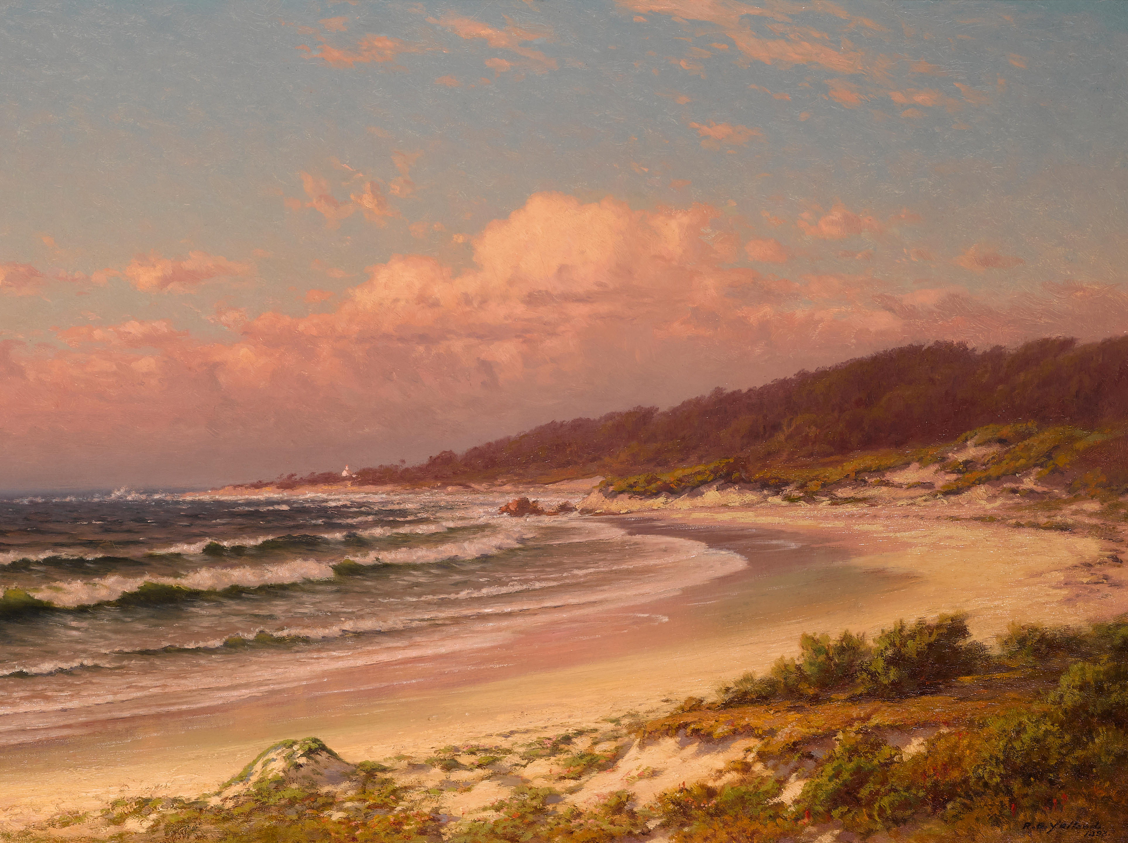 Raymond Dabb Yelland (1848-1900) Moss Beach, Monterey 28 x 48in framed 41 x 61 1/4in (Painted in 1893.)