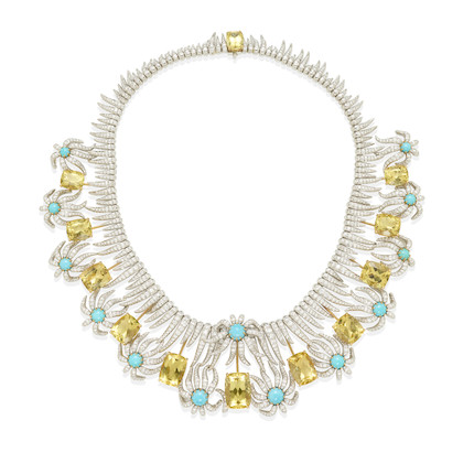 SCHLUMBERGER FOR TIFFANY & CO. A PLATINUM, 18K GOLD, YELLOW BERYL, TURQUOISE AND DIAMOND 'HEDGES AND ROWS' NECKLACE image 1