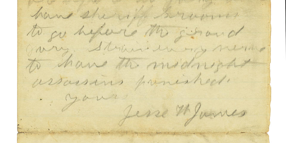 THE MOST IMPORTANT JESSE JAMES LETTER EXTANT. JAMES, JESSE WOODSON. 1847-1882. Autograph Letter Signed ("Jesse W. James") to Dr. [Samuels?] identifying and seeking lawful vengeance on the men who were behind the Pinkerton killings of his 8-year-old nephew Archie and the loss of his mother's arm, a pivotal event in the life and career of James,