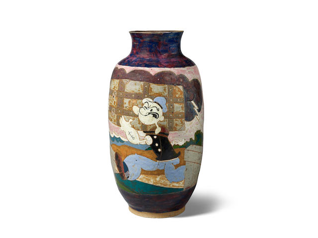 MICHAEL (BORN 1937) AND MAGDALENA FRIMKESS (BORN 1929) Popeye / Star Lite Drive In Vase1987glazed stoneware, signed indistinctly, dated '3-87' and inscribed on undersideheight 19in (48.2cm); diameter 9 3/4in (24.7cm)