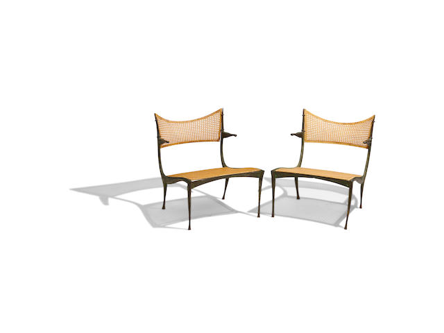DAN JOHNSON (1918-1979) Pair of Gazelle Lounge Chairs, Model 30Bdesigned circa 1958patinated bronze, caneheight 26 7/8in (68.3cm); width 22in (56cm); depth 26in (66cm)