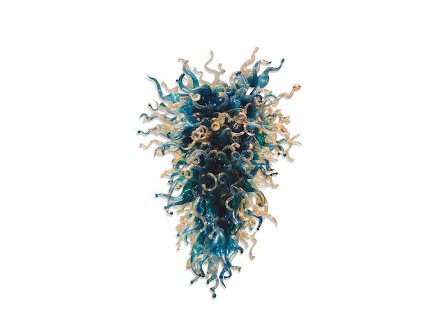 DALE CHIHULY (BORN 1941) Prussian Blue Chandelier with Silver Leaf1998blown glass, registration number 98.978height 90in (228.6cm); widest diameter 64in (162.6cm)