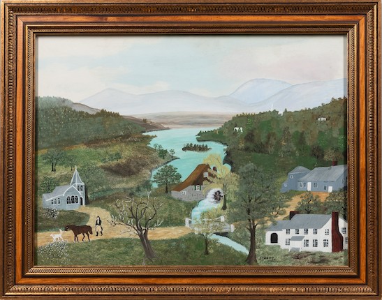 Grandma Moses (1860-1961) Beyond the Lake 17 7/8 x 23 7/8 in. (45.3 x 60.7 cm) framed (under glass) 22 1/2 x 28 1/2 x 1 1/2 in. image 2