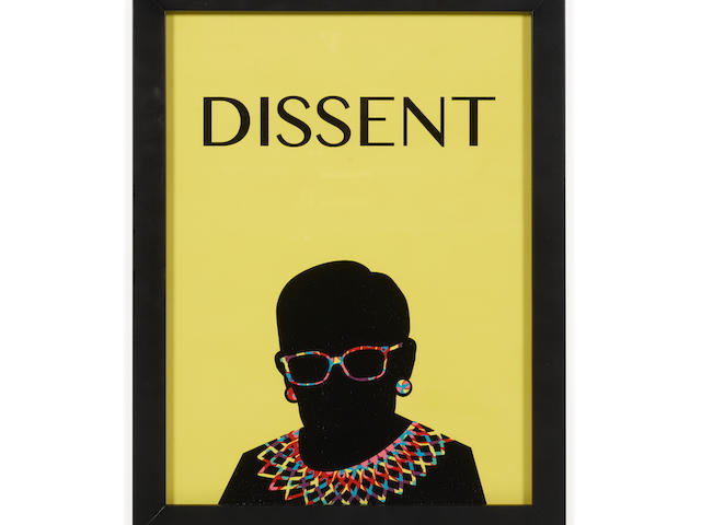 A RUTH BADER GINSBURG "DISSENT" POSTER. HOOVER, ANNA. Dissent. Printed poster, framed to 375 x 290 mm, featuring a silhouette of Justice Ginsburg against a yellow background underneath the words "Dissent,"