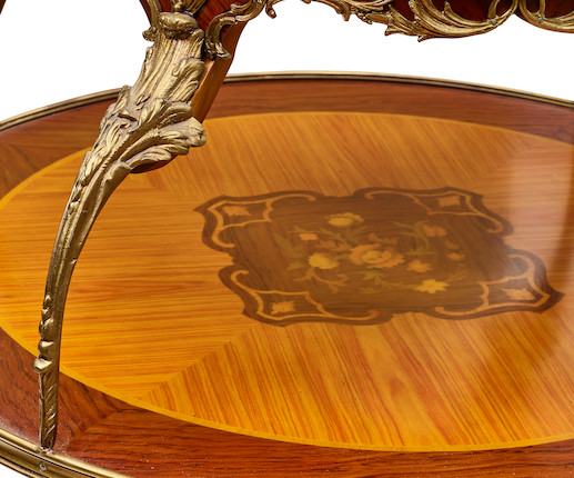 A LOUIS XV STYLE GILT METAL MOUNTED MARQUETRY INLAID TWO-TIER TABLE image 2