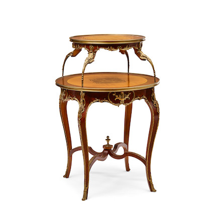 A LOUIS XV STYLE GILT METAL MOUNTED MARQUETRY INLAID TWO-TIER TABLE image 1