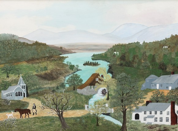 Grandma Moses (1860-1961) Beyond the Lake 17 7/8 x 23 7/8 in. (45.3 x 60.7 cm) framed (under glass) 22 1/2 x 28 1/2 x 1 1/2 in. image 1
