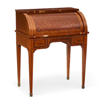 A LOUIS XVI STYLE PARQUETRY MAHOGANY AND FRUITWOOD CYLINDER DESK image 1