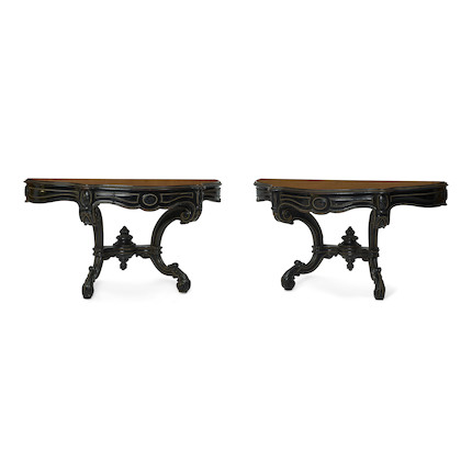 A PAIR OF NAPOLEON III STYLE BRASS MOUNTED EBONIZED CONSOLES image 1