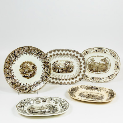 Four Brown English Transfer-decorated Platters and Large Charger image 1