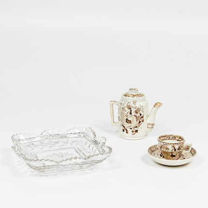 Three-piece Brown Transfer-decorated Child's Tea Set and a Cut Glass Plate image 1