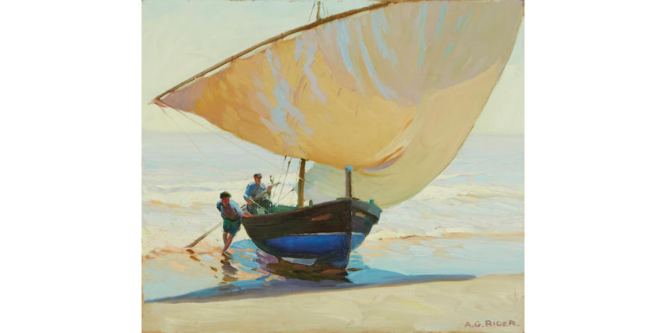 Arthur Grover Rider (1886-1975) Two Sailors Bringing their Fishing Boat Ashore 16 x 18 1/2 in. framed 20 x 22 in.
