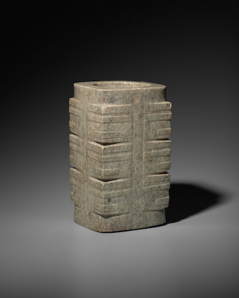 A NEOLITHIC MOTTLED GRAY-GREEN JADE CONG Liangzhu Culture, circa 3000-2500 B.C. image 4