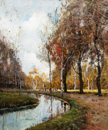 Anthony Thieme (American, 1888-1954) Autumn Scene with Cows by the Banks of a Stream 30 x 24 in. (76.5 x 63.5 cm) (framed 36 x 31 in.) image 1