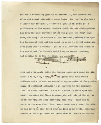 GILBERT, W.S. (WILLIAM SCHWENCK). 1836-1911. Original typed manuscript for The Story of the Mikado, signed by Gilbert (WS Gilbert/ Grim's Dyke/ Harrow Weald) to front cover, heavily corrected by Gilbert including corrections to the interpolated songs, and an autograph musical quotation of Nanki Poo's trombone music, image 1