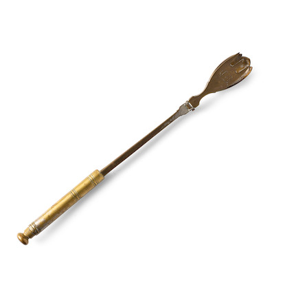 CHARLES DICKENS' PICKLE FORK FROM GAD'S HILL. A plated brass mechanical pickle fork belonging to Charles Dickens, monogrammed CD, from Gad's Hill, image 1