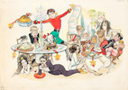 Thumbnail of WATERCOLOR FOR ANDY WARHOL'S INTERVIEW MAGAZINE. KNIGHT, HILARY. B.1926. Original watercolor on board, Christmas Dinner at Maxime de la Falaise's, depicting Madame la Falaise's fantasy Christmas party featuring Patti Smith, Bianca Jagger, Pablo Picasso, Napoleon, Yves St Laurent, Tama Janowitz, Marcel Proust, John Richardson, and Donald Trump, as Eloise observes from a window, image 1