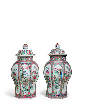 A PAIR OF EXTREMELY FINE FAMILLE ROSE OCTAGONAL BALUSTER JARS AND COVERS Qianlong period, circa 1740 (2) image 1