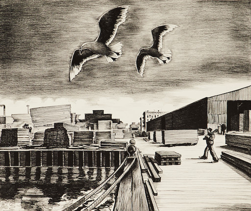William Sharp (American, 1900-1961); Gulls and Pier; image 1