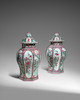 Thumbnail of A PAIR OF EXTREMELY FINE FAMILLE ROSE OCTAGONAL BALUSTER JARS AND COVERS Qianlong period, circa 1740 (2) image 2