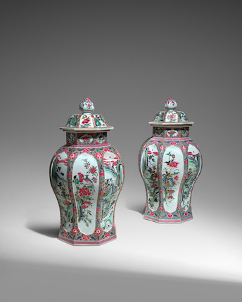 A PAIR OF EXTREMELY FINE FAMILLE ROSE OCTAGONAL BALUSTER JARS AND COVERS Qianlong period, circa 1740 (2) image 2