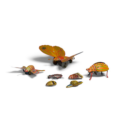 A GROUP OF SEVEN PAINTED METAL MECHANICAL INSECT TOYS early 20th century, one by Strauss Mechanical toys width of largest 7 1/2in (19cm) image 2