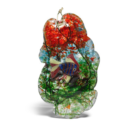 A GROUP OF FOUR MURANO BLOWN GLASS AQUARIUM SCULPTURES mid 20th century, comprising three freestanding sculptures and one wall-hanging plaque, the largest sculpture depicting two beta fishwidth of largest 10in (25.4cm) image 2