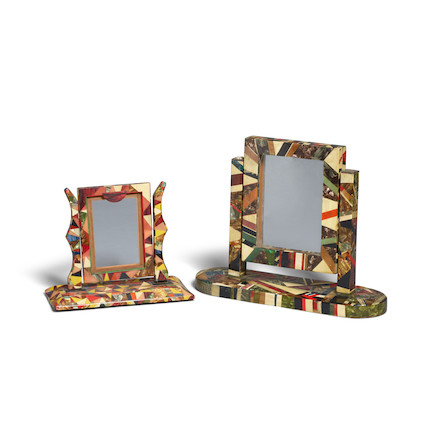 TWO ABSTRACT ART DECO PATCHWORK CELLULOID SWIVEL PICTURE FRAMES height of tallest 9 1/4in (23.5cm) image 1