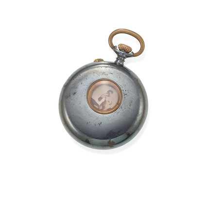 A RARE BREVET EROTIC GUNMETAL POCKET WATCH the front with a white dial, black numbers and a second dial, the reverse with a rotation of female nude figures, in fitted burgundy velvet box, dial diameter of watch 1 1/4in (3.3cm) image 3