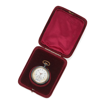 A RARE BREVET EROTIC GUNMETAL POCKET WATCH the front with a white dial, black numbers and a second dial, the reverse with a rotation of female nude figures, in fitted burgundy velvet box, dial diameter of watch 1 1/4in (3.3cm) image 2