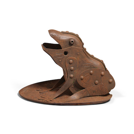 A RIVETED STEEL FROG SCULPTURE mid 20th century, stamped 'COBERG' on undersideheight 5 1/2in (14cm); length 8in (20cm) image 2
