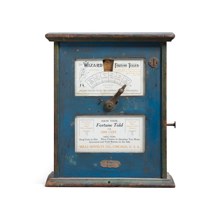 A MILLS NOVELTY WIZARD FORTUNE TELLER GAME circa 1906, with painted wood case and keysheight 16in (41cm); width 13 1/4in (34cm); depth 5 3/4in (14.5cm) image 1