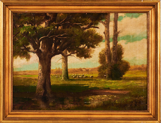 William Morris Hunt (American, 1824-1879) Landscape with Majestic Trees and Distant Grazing Flock 16 x 22 in. (40.5 x 55.5 cm) framed 19 1/2 x 25 1/2 in. image 6