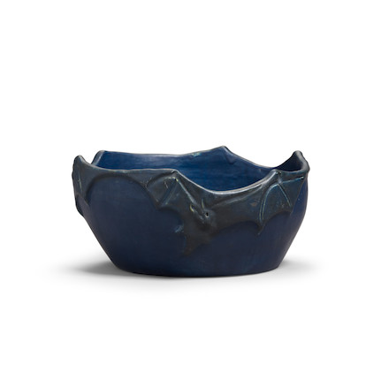 A RARE ARTS AND CRAFTS BLUE AND BLACK GLAZED EARTHENWARE 'BAT' BOWL height 4in (10cm); diameter 8 1/2in (22cm) image 1