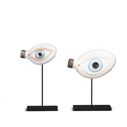 TWO PAINTED MILK GLASS 'EYEBALL' FLASKS WITH METAL CAPS ON STANDS  height of tallest with stand 7in (18cm) image 2