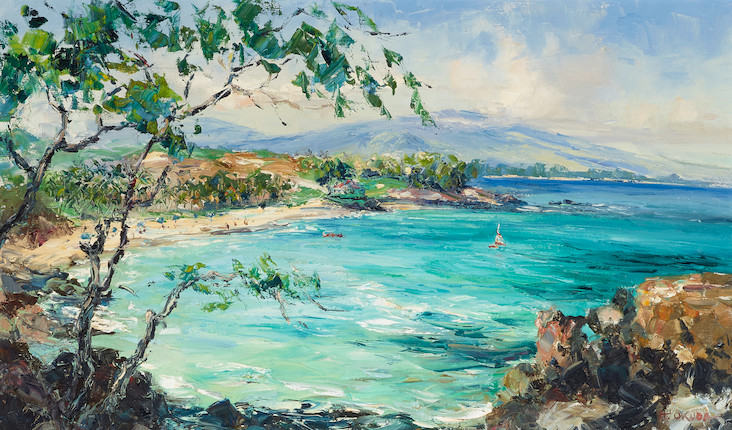 Hajime Okuda (1906-1992) Mauna Kea Hotel Beach, Kamuela, Hawaii 18 x 30 in. (45.7 x 76.2 cm) image 1