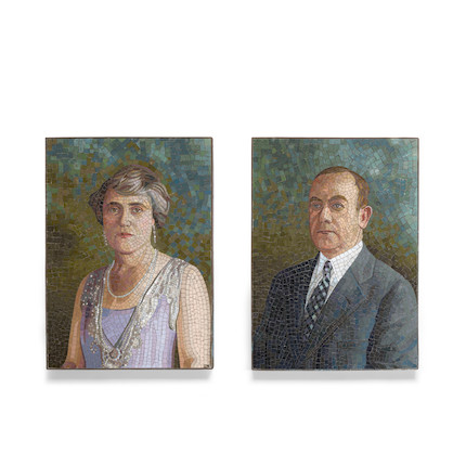 A PAIR OF PORTRAIT MOSAIC PLAQUES OF A HUSBAND AND WIFE height 17 1/2in (44.4cm); width 12 3/4in (32.3cm) image 1