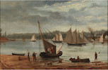 Thumbnail of American School (19th century) Harbor Scene with Steamboat 12 x 18 in. (30.5 x 45.7 cm) framed 19 x 25 1/4 in. image 1
