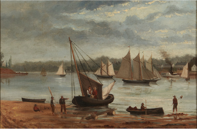 American School (19th century) Harbor Scene with Steamboat 12 x 18 in. (30.5 x 45.7 cm) framed 19 x 25 1/4 in. image 1