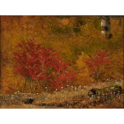 Worthington Whittredge (American, 1820-1910) Study of Sumacs and Immortals, Autumn 10 1/8 x 13 5/8 in. (25.7 x 34.6 cm) framed 15 1/2 x 19 in. image 1