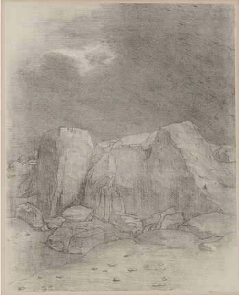 Odilon Redon (1840-1916); Et il distingue une plaine aride et mamelonneuse, plate 7 from Tentation de Saint-Antoine; image 1