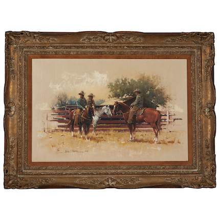 Melvin Charles Warren (American, 1920-1995) Three Cowboys 24 x 36 in. (61.0 x 91.0 cm) framed 35 1/4 x 47 3/8 in. image 3